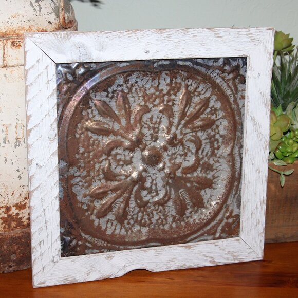 Ornate Vintage Rustic Metal Tile & Reclaimed Wood Medallion Wall Decor Plaque - Picture 1 of 6
